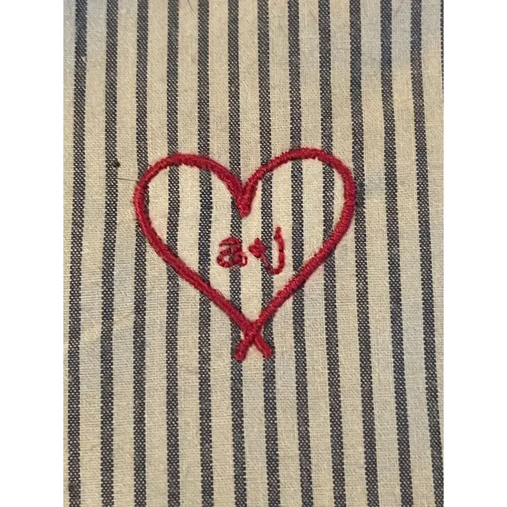 Mark & Graham pair of napkins monogrammed striped white trim red heart A & J (2)